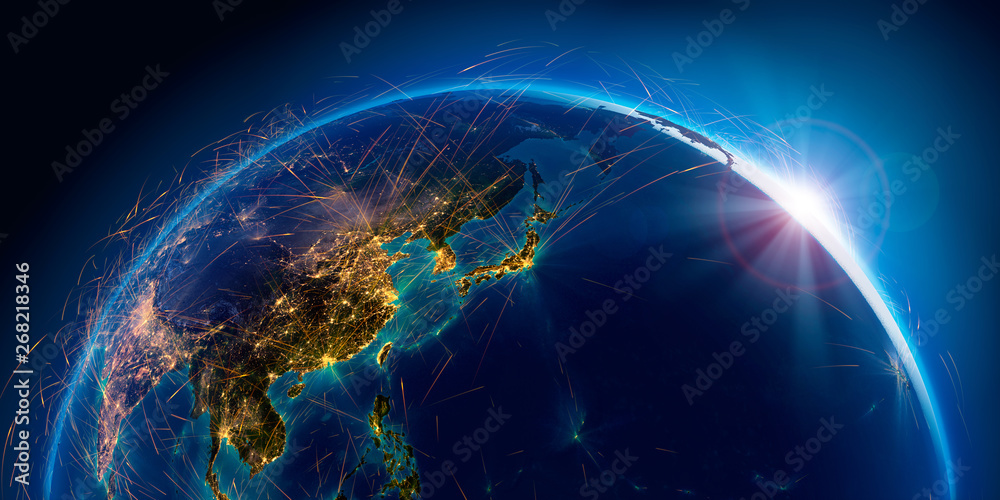 Detailed air routes on Earth. 3D rendering