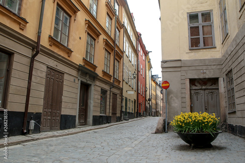 The picture from the narrow traditional streets of Stockholm. Walking inside the Gamla Stan. 