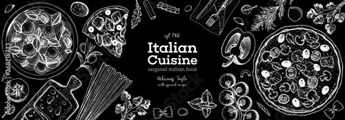 Italian cuisine top view frame. A set of Italian dishes with pasta and pizza. Food menu design template. Vintage hand drawn sketch vector illustration. Engraved image