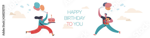 Funny boy and girl carry a birthday cake and gifts. Flat Vector Illustration