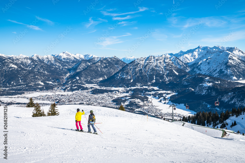 Panorama view of Austrian Alps in winter on top of Reutte cable car station
