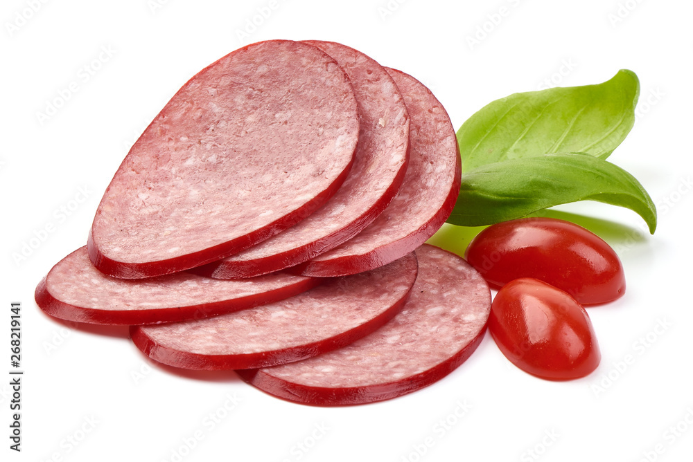 Sliced cold Salami, smoked sausage with basil, close-up, isolated on white background