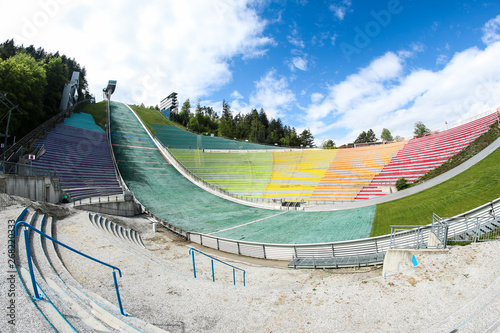 The auditorium with colorful places for sitting of the spectators at the ski jump in Innsbruck. photo