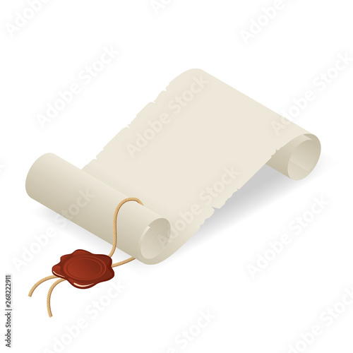 Isometric old paper scroll or parchment scroll isolated on white background. Graduation diploma icon