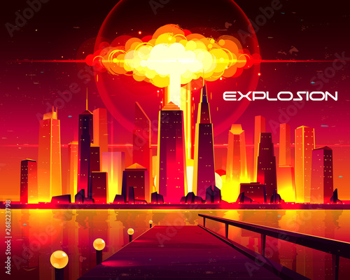 Nuclear explosion in metropolis cartoon vector concept. Fiery mushroom cloud of atomic bomb detonation raising under skyscrapers buildings illustration. Destroying city with mass destruction weapon
