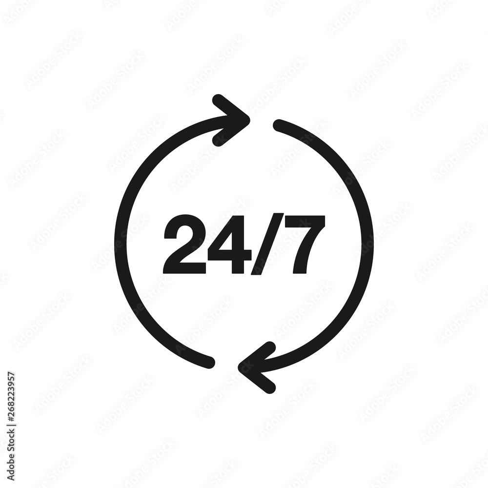 24/7 sync icon isolated on white background. 24/7 service asistance sign illustration. Synchronization symbol. 24/7 Renovation assistance. 24/7 sync icon isolated on white background. 24/7 service asistance sign illustration. Synchronization symbol. 24/7 Renovation assistance.