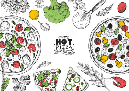 Italian pizza and ingredients top view frame. Italian food menu design template. Vintage hand drawn sketch, vector illustration. Engraved style illustration. Pizza label for menu.