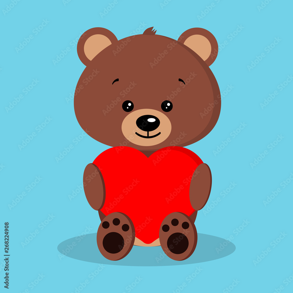 Fototapeta premium Isolated romantic cute and sweet baby brown bear in sitting pose with red heart in paws on blue background. Adorable funny character in cartoon flat style. Vector illustration.