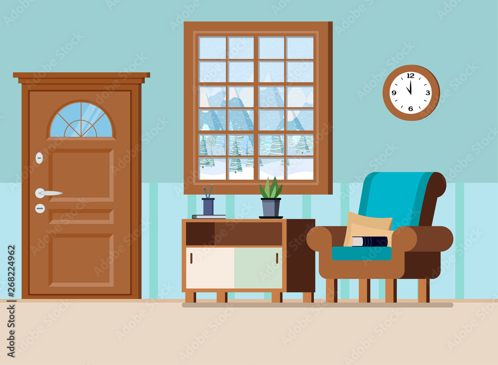 Cozy home entrance hall interior background with armchair, pillows, wall clock, book, plant, door and window with view of winter mountain landscape. Flat cartoon style vector illustration.