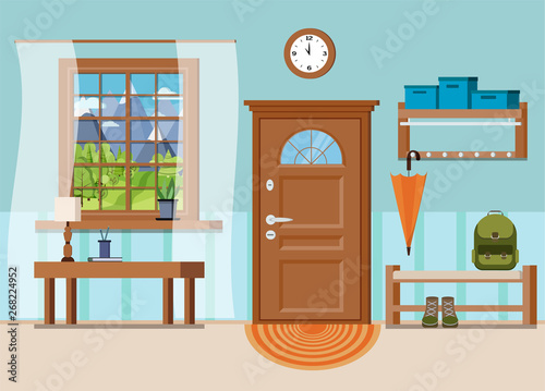 Cozy home entrance hall interior background with furniture: coffee table, lamp, wall clock, plant, window with mountain view, clothes hanger, shoe bench, door. Flat cartoon style vector illustration.