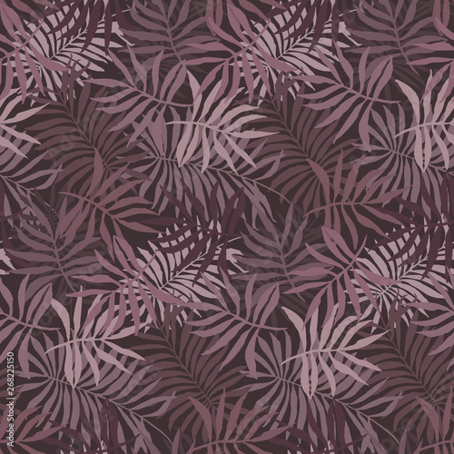 Pale brown seamless pattern with overlap mess of fern tropical leaves. Trendy dark red colors exotic plants texture for textile, wrapping paper, surface, wallpaper, background