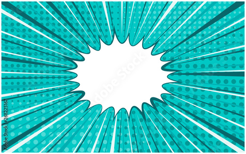Bright turquoise exploding retro comic background with halftone shadow and circle of dark and light stripes. Blue horizontal backdrop with bubble for comics book, advertising design, poster, print