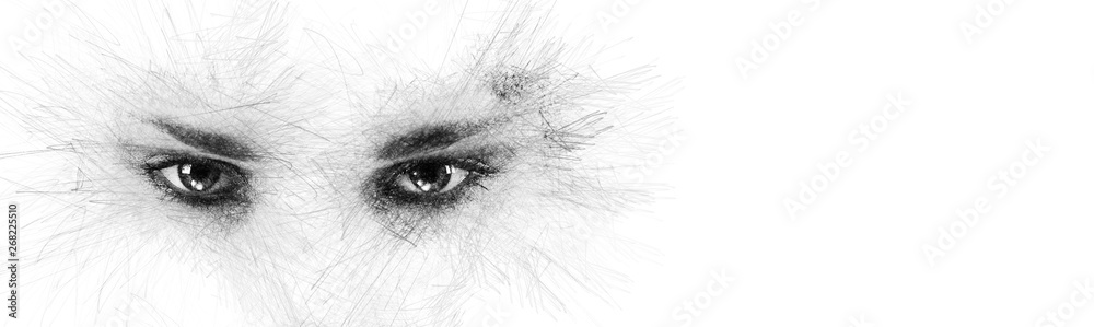 Obraz premium Pencil sketch face silhouette woman eyes looking at camera aside on white background copy space for your conceptual text advertisement. Image digitally altered digital effects
