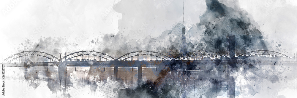 Fototapeta Obraz  mostu kolejowego nad rzeką. Malarstwo, akwarela 