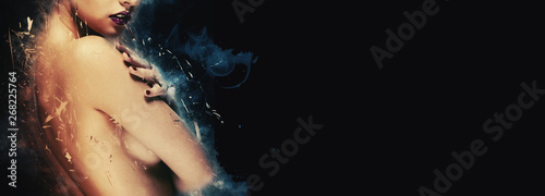 nNked woman with digital effects on black copy space background