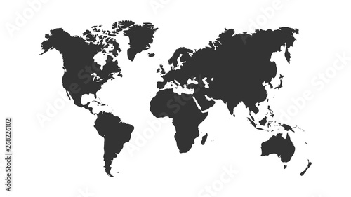 World map vector, isolated on white background. Flat Earth, gray map template for web site pattern, anual report, inphographics. Globe similar worldmap icon. Travel worldwide, map silhouette backdrop.