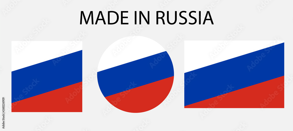 Made in the Russia vector icon set. Labels in colors of american flag isolated on white background. Product sticker from europe or Russia. Nation logo with flag. Made in the Russia vector icon set. Labels in colors of american flag isolated on white background. Product sticker from europe or Russia. Nation logo with flag.