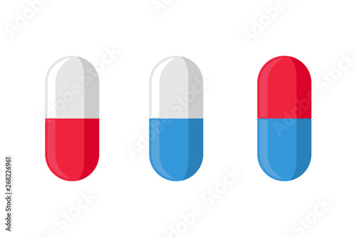 Different color medical pill icon set. Design vector template for graphics, banners. Isolated on white background