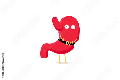 Cute cartoon stomach character unhealthy sick emoji sad emotion. Vector organ digestive system too tight wearing belt. Funny illustration