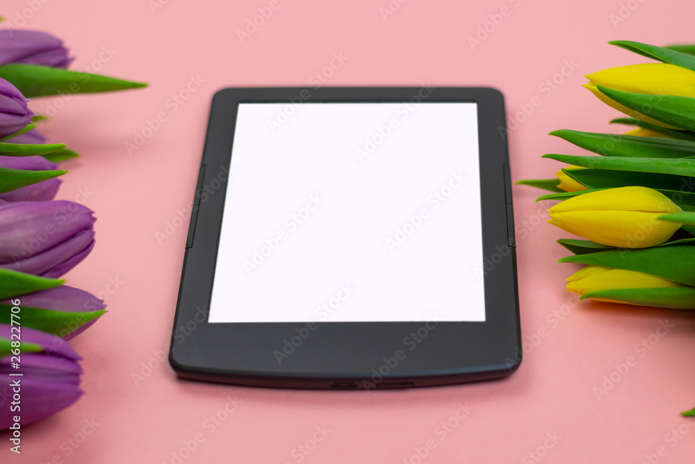 Workspace top view overhead above present advertising product on screen isolated Workspace top view overhead above present advertising product on screen isolated