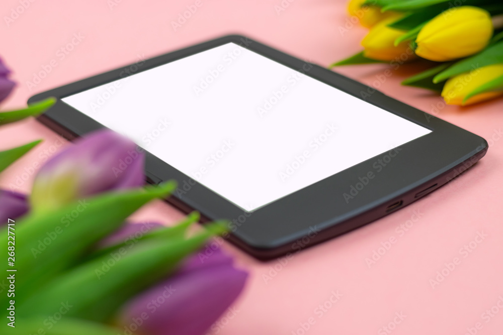 Workspace top view overhead above present advertising product on screen isolated Workspace top view overhead above present advertising product on screen isolated