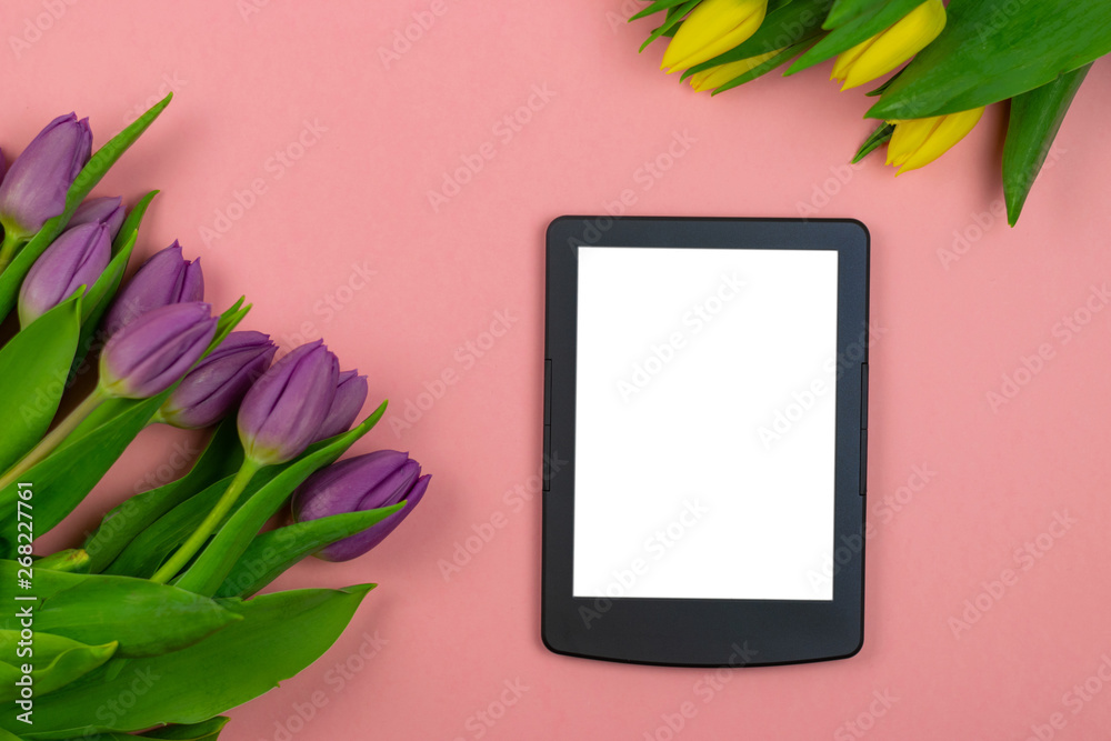 Workspace top view overhead above present advertising product on screen isolated
