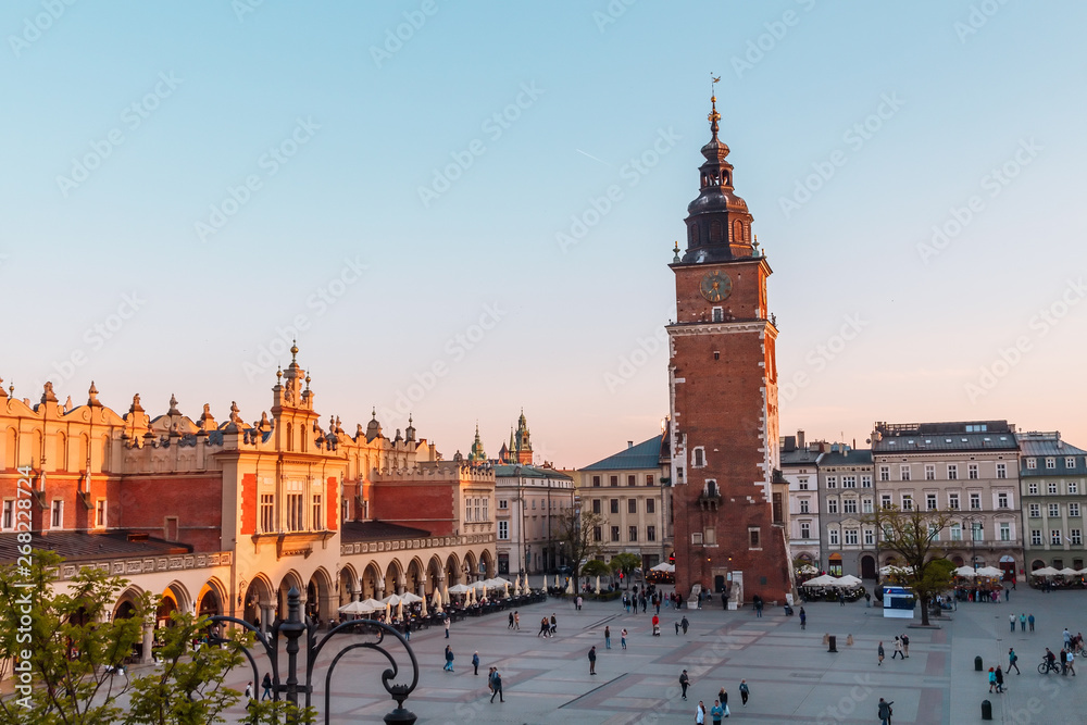 view of the main square of krakow and mariac church at spring