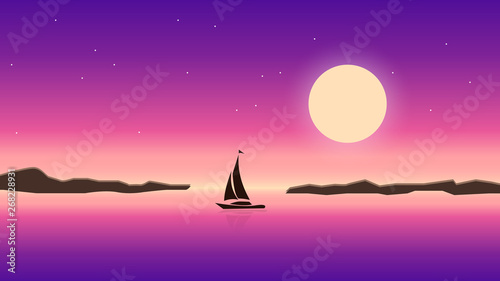 Sea and night sky landscape illustration. Moon light ocean with sailboat. Beautiful romantic dark moonlight scene. Evening dusk shine art.