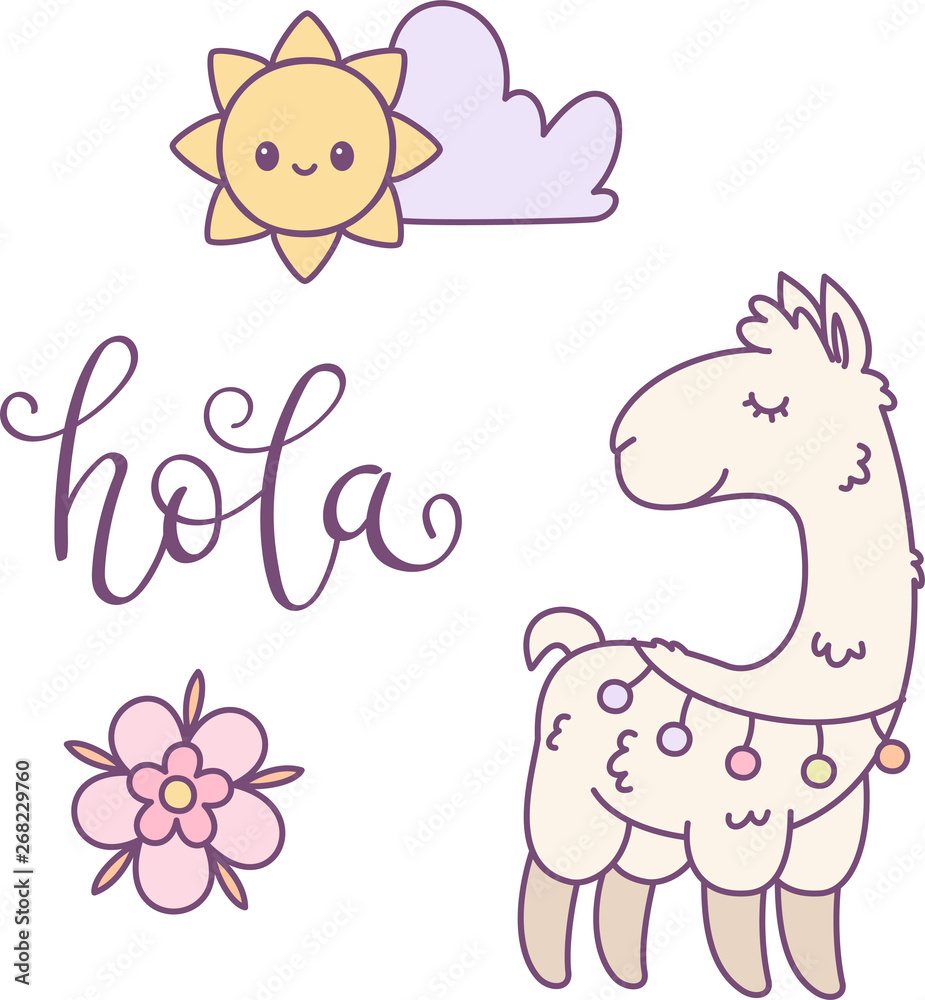 Llama, sun with cloud and flower cartoon illustration. Hand written lettering 