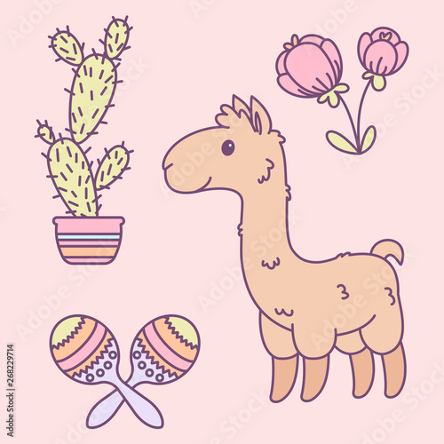 Llama, maracas, cactus and flowers cartoon illustration.