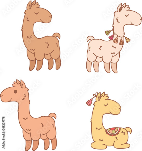 Four different isolated llamas over white background.