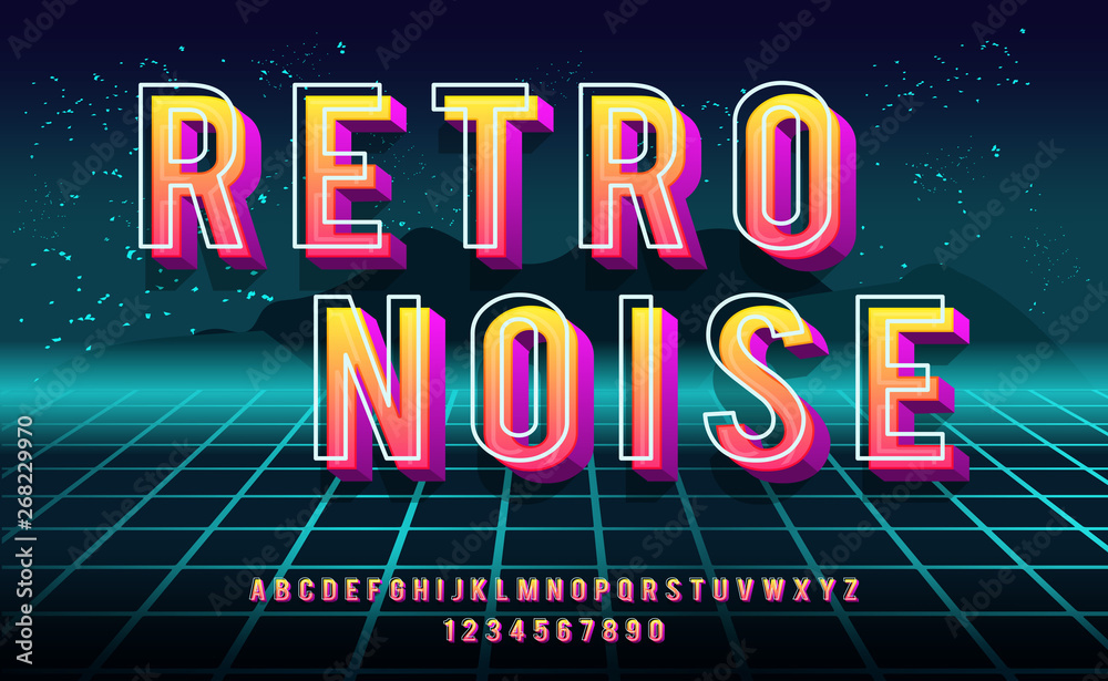 Retro Noise. 3D bold font in 1980s style. Illustration of 1980 retro neon poster. Futuristic landscape. - obrazy, fototapety, plakaty 