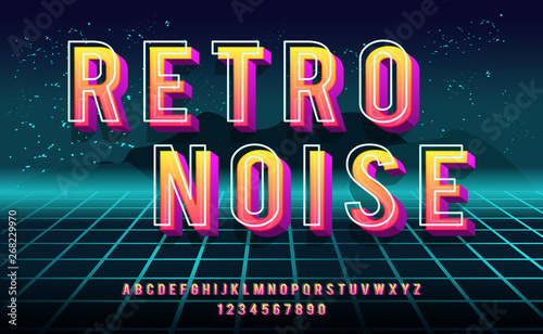 Retro Noise. 3D bold font in 1980s style. Illustration of 1980 retro neon poster. Futuristic landscape.