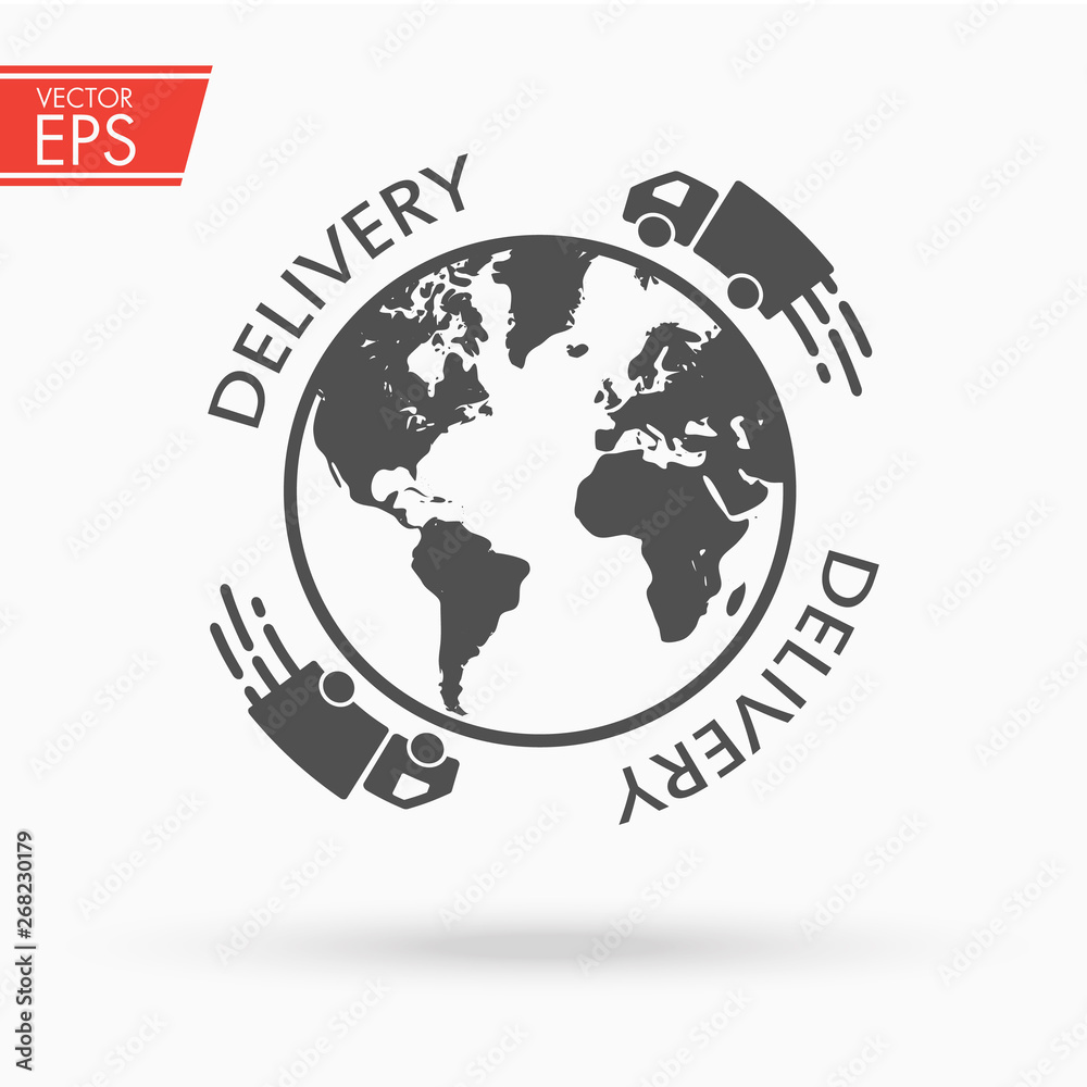Delivery service icon. Transport illustration. Shipping symbol. Transportation cargo emblem. Deliver sign. Express post sticker. Moving auto concept. Speed deliver vector image.