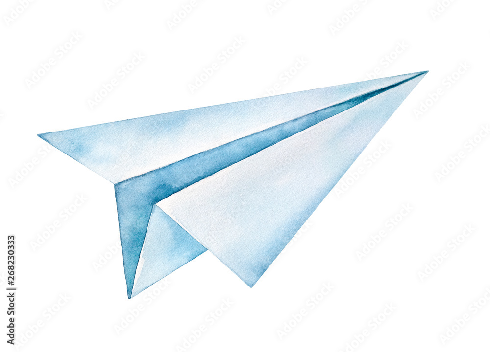 Handmade folded paper plane watercolor drawing. One single object, side view. Handdrawn water color graphic painting on white backdrop, cutout clipart element for creative design, print, decoration. Handmade folded paper plane watercolor drawing. One single object, side view. Handdrawn water color graphic painting on white backdrop, cutout clipart element for creative design, print, decoration.
