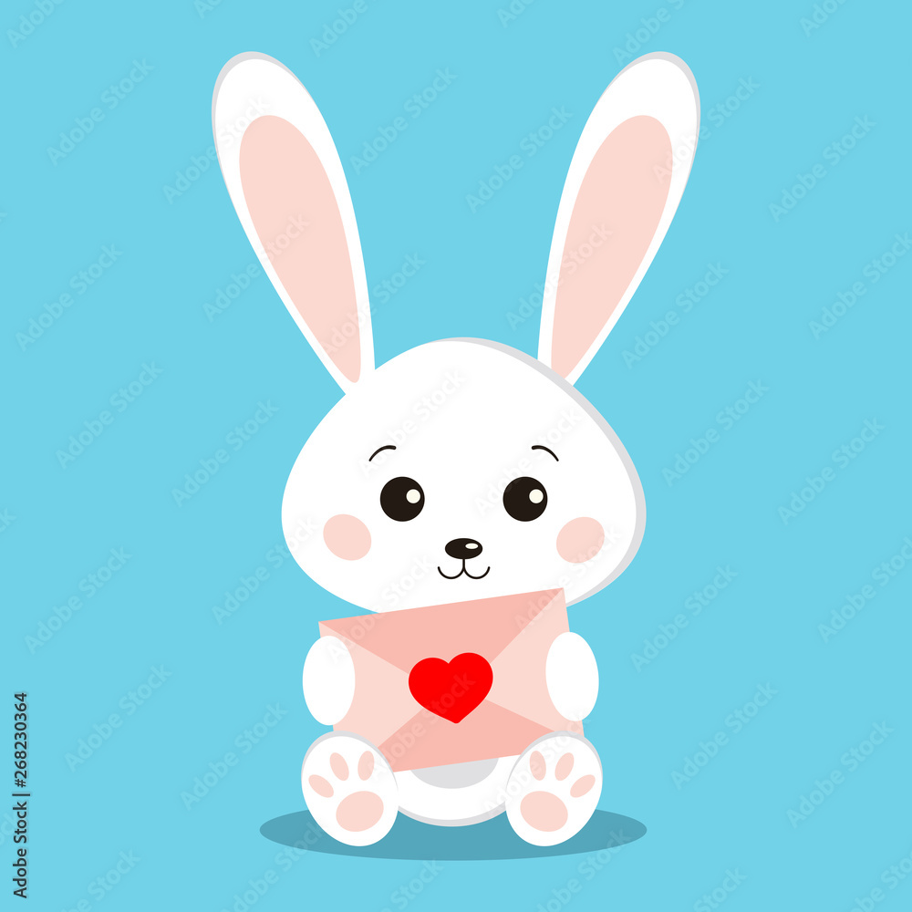 Isolated sweet cute white bunny rabbit in sitting pose with pink letter with red heart in its paws on blue background in flat cartoon style. Vector funny character illustration.