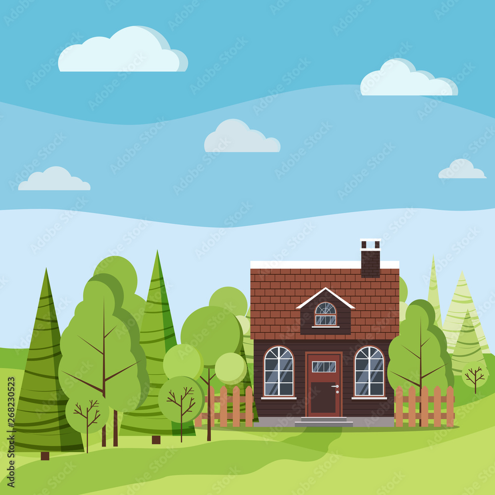 Summer or spring landscape nature scene with country house with a tiled roof and chimney, fences, road, green trees, spruces clouds in flat cartoon style. Summer vector background illustration. Summer or spring landscape nature scene with country house with a tiled roof and chimney, fences, road, green trees, spruces clouds in flat cartoon style. Summer vector background illustration.