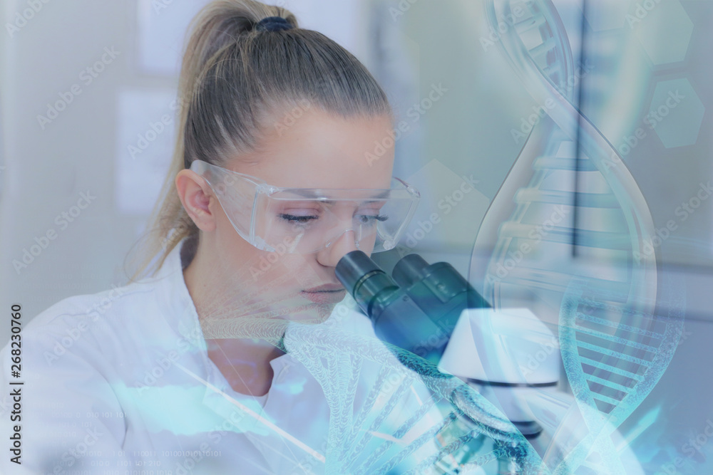 Young female Laboratory scientist working at lab with test tubes and microscope, test or research in clinical laboratory.Science, chemistry, biology, medicine and people concept. Young female Laboratory scientist working at lab with test tubes and microscope, test or research in clinical laboratory.Science, chemistry, biology, medicine and people concept.