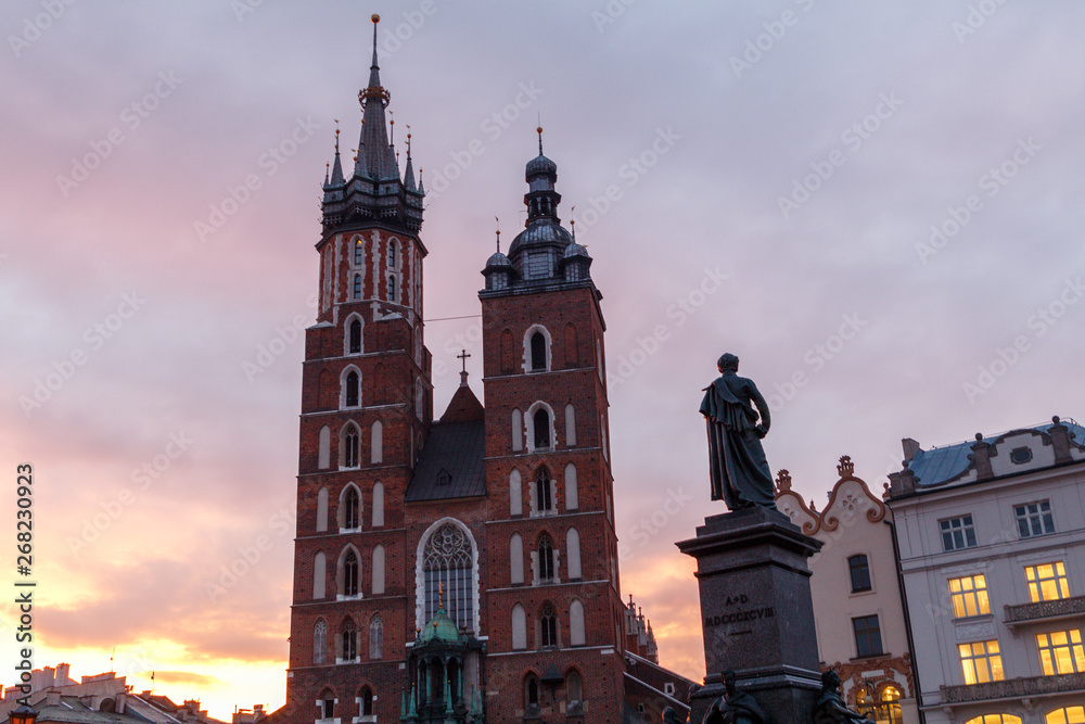 view of the main square of krakow and mariac church at spring
