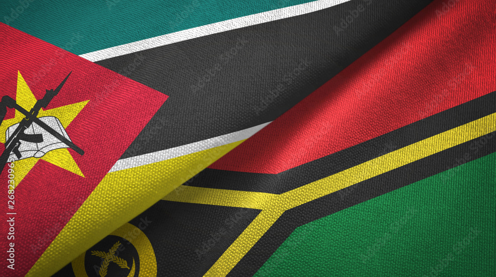 Fototapeta premium Mozambique and Vanuatu two flags textile cloth, fabric texture