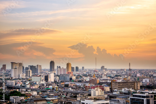 Downtown view on Bangkok cityscape from drone  capital of Thailand  sunset