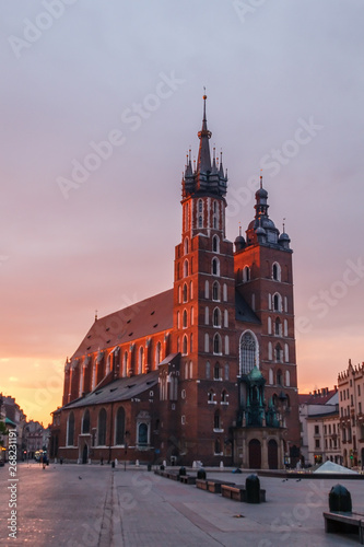 view of the main square of krakow and mariac church at spring