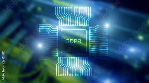 GDPR general data protection regulation. Abstract double exposure server room. Blue Technology Background.