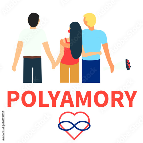 Flat illustration of partners polyamorous love. Open romantic and sexual relationships. Relationship loving people. Polyamory