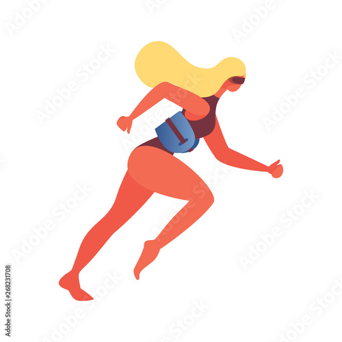 Young woman isolated on white background. Pool concept illustration for aquajogging, with sport belt flotation device equipment and goggles. Blonde character, good for aqua aerobics website
