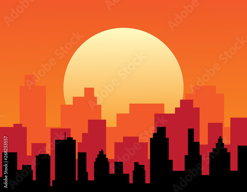 City view with urban elements. Evening cityscape vector illustration. Sunset landscape concept. City at sunset in a flat style. City landscape at twilight. Sunset background. City skyline at sunset.