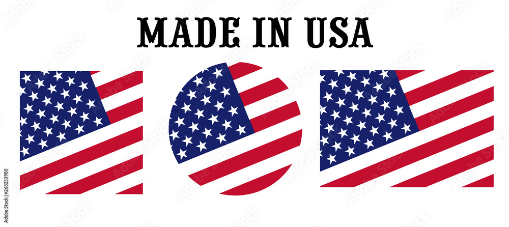Made in the United States USA vector icon set. Labels in colors of american flag isolated on white background. Product sticker from america or usa. Nation logo with flag. Made in the United States USA vector icon set. Labels in colors of american flag isolated on white background. Product sticker from america or usa. Nation logo with flag.
