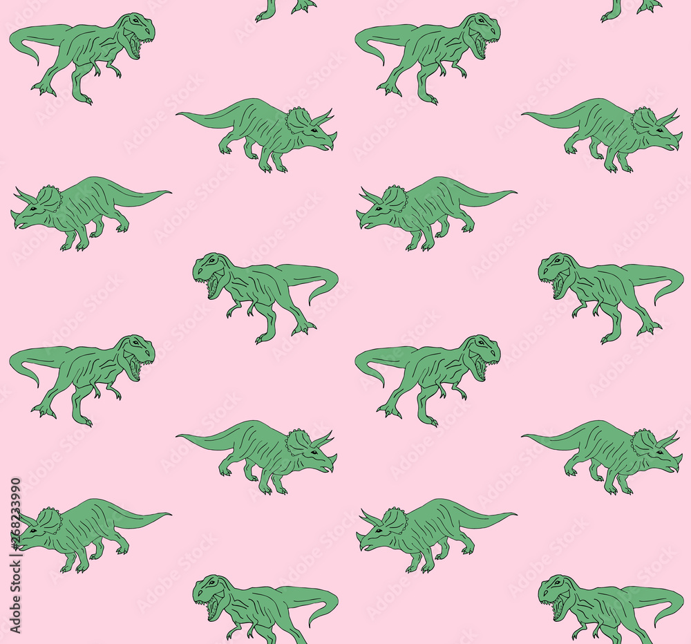 Obraz premium Vector seamless pattern of green hand drawn doodle sketch triceratops and tyrannosaur dinosaur isolated on pastel pink background 