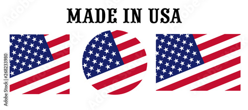 Made in the United States USA vector icon set. Labels in colors of american flag isolated on white background. Product sticker from america or usa. Nation logo with flag.