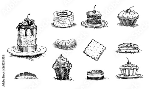 Pastries, cherry cake, vanilla buns, muffins, rolls with poppy seeds, bun with jam, vintage graphics. Vector set of images for packaging design, labels, menus